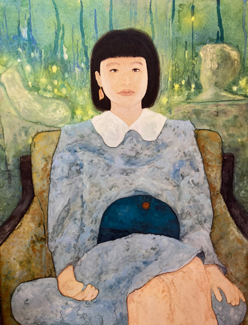 ロビーで座る少女の絵