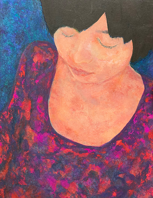 目をふせる女性の絵